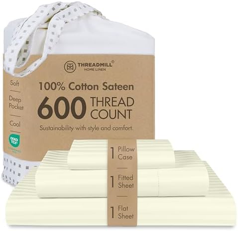 Threadmill 600TC Cotton Twin Sheet Set, Sateen, Damask Stripe, Ivory