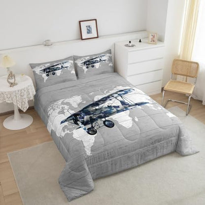 Erosebridal Aircraft Twin Bedding Sets for Boys Girls Kids,Map Comforter Set Aviation Decor for Boys Room,Navy Blue Camo Airplane Comforter Set Lightweight Vintage Air Plane Quilt Bed Set 2Pcs