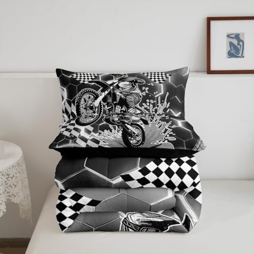 Racing Motorcycle Comforter Set Queen Grey Neon Lights Honeycomb Bedding Set Dirt Bike Motocross Quilt Glitter Geometric Hexagon Beehive Duvet Insert,Black White Grid Lattice Buffalo Plaid Decor