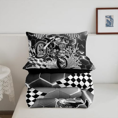 Racing Motorcycle Comforter Set Queen Grey Neon Lights Honeycomb Bedding Set Dirt Bike Motocross Quilt Glitter Geometric Hexagon Beehive Duvet Insert,Black White Grid Lattice Buffalo Plaid Decor