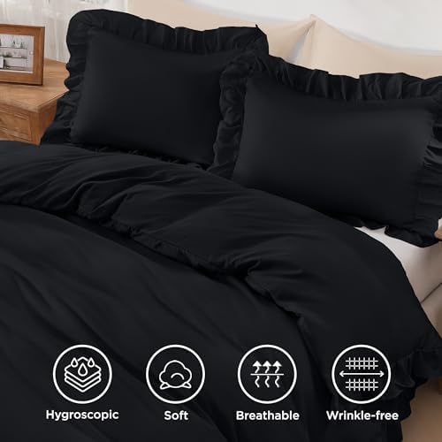 Andency Black Ruffle Duvet Cover King, Shabby Chic Farmhouse Bedding Set