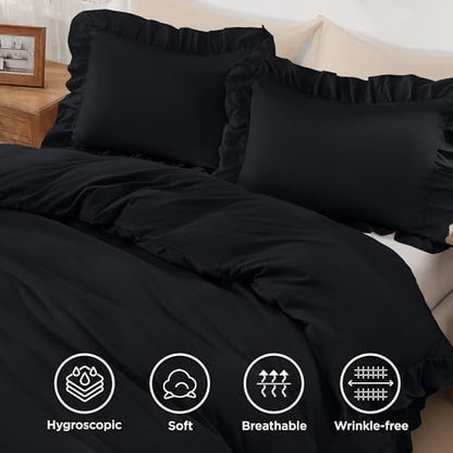Andency Black Ruffle Duvet Cover King, Shabby Chic Farmhouse Bedding Set