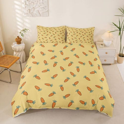 Carrot Duvet Cover Cute Cartoon Reversible Comforter Cover Set for Kids Girls Teen Soft Microfiber Bedding Set with Zipper Ties Modern Simple Style Bedspread,1 Duvet Cover with 2 Pillow Cases,Full