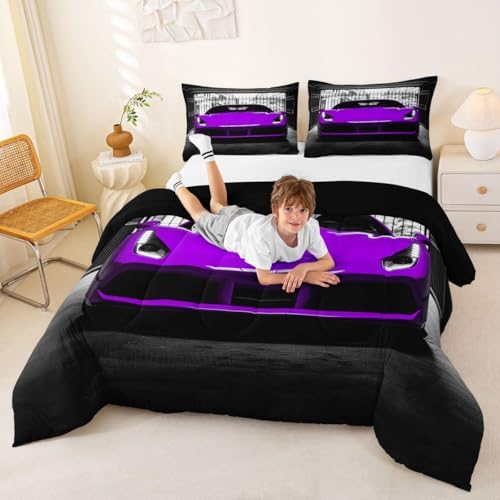 Feelyou Boys Purple Race Car Comforter Set Twin Size Purple Luxury Car Bedding Set for Kids Boys Girls Extreme Sports Duvet Quilt Fast and Furious Bedroom Decor 2 Pcs with 1 Pillow Cases