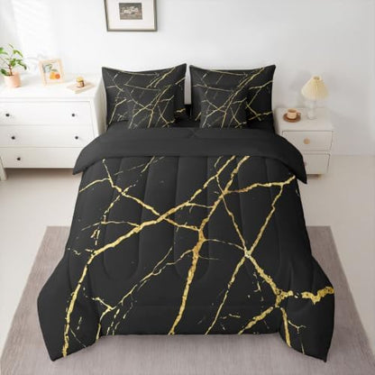 Erosebridal Black Gold Marble King Bed in A Bag 7 Piece Marbling Crack Print Comforter Set with Sheets Abstract Metallic Texture Bedding Sets for Kids Adults,Modern Marble Aesthetic Bed Set