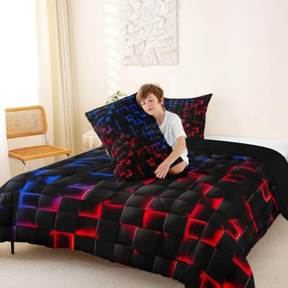 Erosebridal Geometric Checkered Boys Bedding Set Toddler Size Neon Red Blue Comforter Set for Kids Teen Men Gamer Room Decor,Abstract Ombre Plaid Comforter Grids Quilt Duvet Black