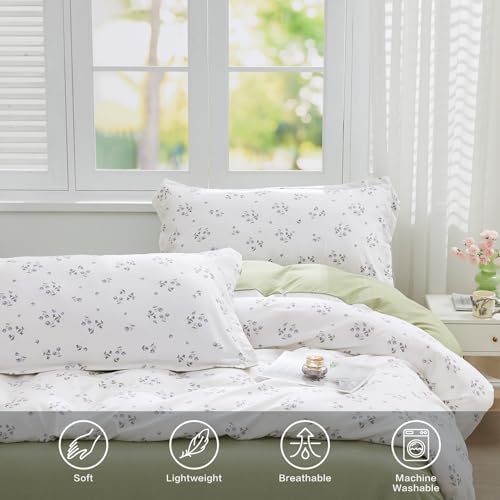 SAPHREAS King Duvet Cover White Cute Floral Bedding Set with 8 Corner Ties and 2 Pillow Shams Microfiber Reversible Duvet Cover Set with Zipper Closure?Green
