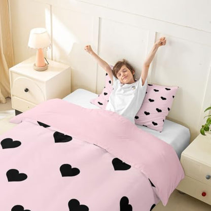 Erosebridal Twin Duvet Cover Set, Microfiber Bed Linen Set with 1 Pillowcase, Love Heart Pattern, All Seasons, Zipper Closure, for Girls, Women, Teens