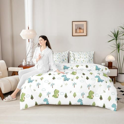 Feelyou Cute Dinosaur 7 Piece Bedding Set Cartoon Dino Comforter Set with Sheets for Kids Boys Girls Animal Theme Bed in a Bag White Blue Green Bed Set Soft Lightweight
