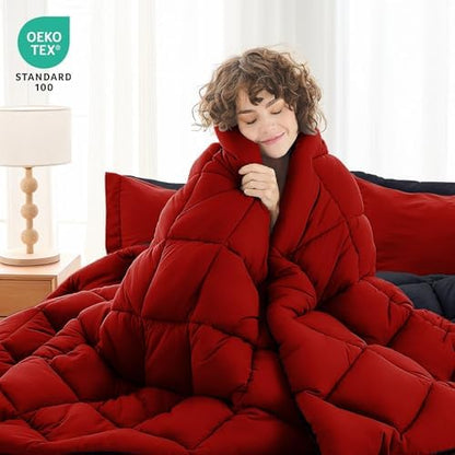 MUXHOMO 7 Pieces Queen Comforter Set, Reversible Bed in a Bag Queen Size, All Season Bedding Set with Comforter, Flat Sheet, Fitted Sheet, Pillowcases & Shams, Red & Black
