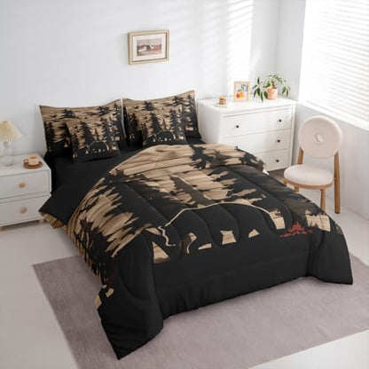 Erosebridal Farmhouse Cabin Full Comforter Set with Sheets 7 Piece Rustic Bear Bed in A Bag Hunting Camping Themed Bedding Sets for Women Adults Vintage Pine Tree Wooden Board Bed Set