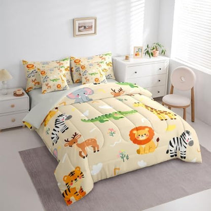 Erosebridal Kids Zoo Animal 7 Piece Comforter Set Twin for Nursery Bedroom | Cute Wild Animals Bedding Set Lion Elephant Crocodile Wildlife Sheets Safari Wild Print Quilt Natural Theme Bed Set