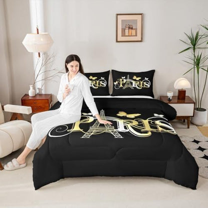 Eiffel Tower Comforter Chic Paris Theme Bedding Set for Kids Boys Girls Butterfly Paris Cityscape Printed Comforter Set Modern French Style Duvet Set Golden Black Bedroom Decor Quilt Set Full Size