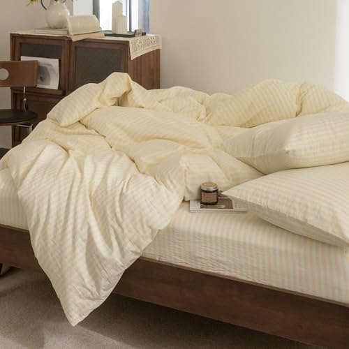 FOSSA Striped Duvet Cover Set 100% Washed Cotton Linen Feel Super King Plus