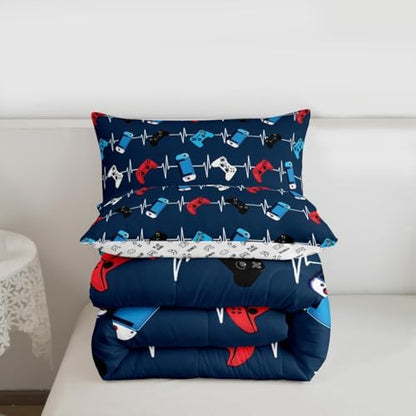 Castle Fairy Red Blue Gamer Comforter Set,Video Game Gamepad Bedding Set for Kids Girls Boys,Teens Adults Controller Comforter,Gaming Quilted Duvet Set Bedroom Collection Twin Size 2Pcs