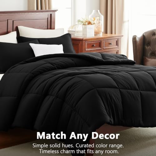 CozyLux Oversized King Comforter Set, 3-Piece Box-Stitched, Black