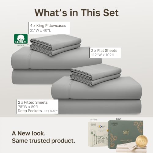 California Design Den 2 Pack 600 Thread Count King Size Sheets, Light Grey