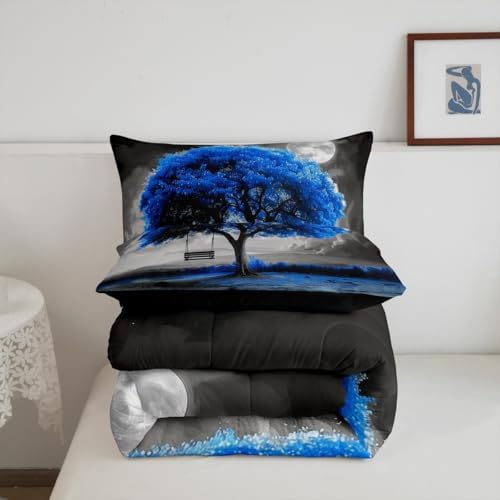 Manfei Tree Artwork of Life Kids Comforter Set Full Size,Cloud Botanical Nature Bedding Set,Girls Boys Room Decor,Modern Abstract Art Quilt Comforter,Blue Fashion Simple Duvet Insert,2 Pillowcases