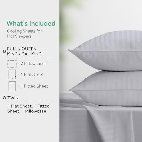 Cooling Sheets Set Twin Size, Viscose Derived from Bamboo for Hot Sleepers, Double Stitching, Deep Pocket to 15 Inch, Silky Soft and Breathable Bedding, 3PC (Twin, Jacquard Light Grey)