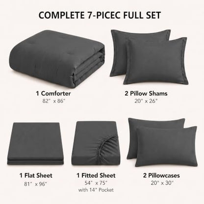 HIMEET Full Comforter Set, 7-Piece Point-Quilted Bed in a Bag, Dark Grey