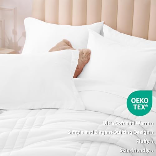 Full Size Comforter Sets White, 7 Pieces Bed in a Bag Bedding Set
