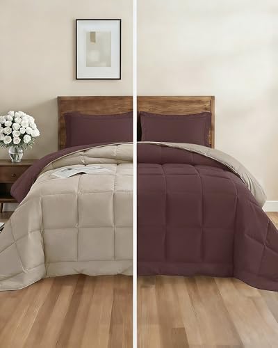 Full Comforter Set - 7 Piece Reversible Bed in a Bag Full - Brown/Beige
