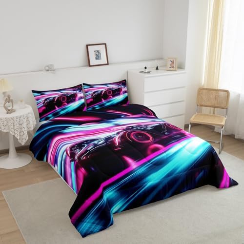 Kids Boys Sports Comforter Set - Black Blue Race Car Comforter for Kids Teen Room Decor - Extreme Sports Game Theme Bedding Set - Cool Speed Luxury Car Decor Quilt Set - Soft for All Season,Full Size