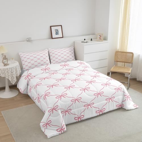 Manfei Pink Bow Comforter Set King Size, Cute Bowknot Geometric Lattice Patchwork Bedding Set 3pcs, Princess Kawaii Bow Tie Down Comforter for All Season, Kids Girls Room Decor, 2 Pillowcases