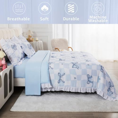 ADASMILE A & S Blue Bow Bedding Twin Size for Girls Kids Ruffle Bedding Set