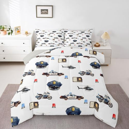 Feelyou Police Car Comforter Set Full Size Policeman Vehicle Bedding Set for Kids Boys Girls Aircraft Cartoon Car Duvet Quilt Bedroom Decor Microfiber 3 Pcs with 2 Pillow Cases