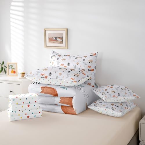 Erosebridal Cute Zoo Animals Twin Comforter Set 7 Piece for Kids Boys Girls Wildlife Bed in A Bag with Sheets Cartoon Fox Bear Hedgehog Bedding Set Jungle Tree Mushrooms Bed Set Room Decor