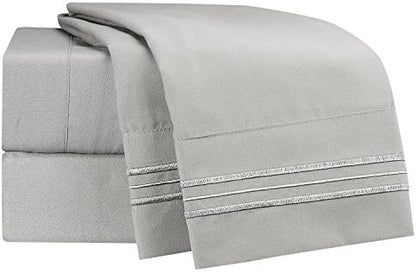 Clara Clark Bed Sheets, Premier 1800 Series 4 Piece Bed Sheet Set, Deep Pocket, Wrinkle, Fade, Stain Resistant, Luxury Soft Bedding Sheets & Pillowcases, Twin-XL, Silver Gray
