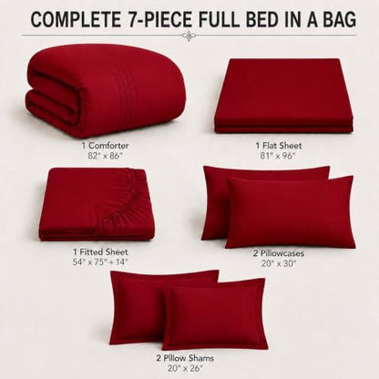 Full Size Comforter Sets Red, 7 Pieces Bed in a Bag Bedding Set