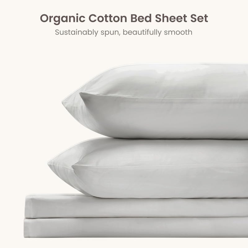 BIOWEAVES 100% Organic Cotton Sheets, 300 Thread Count 4-Piece GOTS Certified Bed Sheet Set Fits Mattress Upto 17" Deep Pocket, Soft & Silky Sateen Weave (King, Silver)