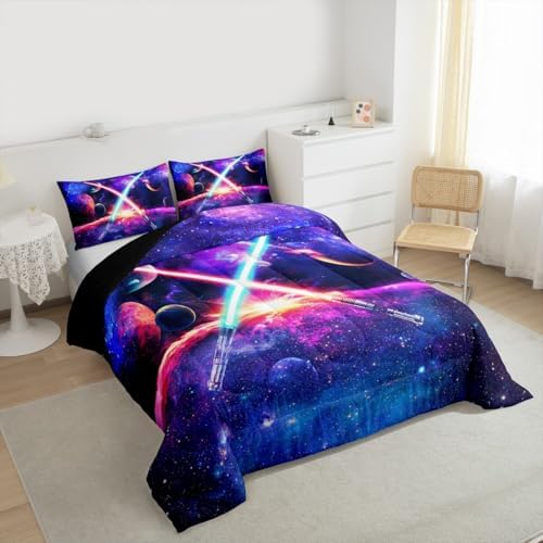 Castle Fairy Light Up Sword Comforter Set King Size Galaxy Universe Planet Bedding Set 3pcs for Kids Boys Girls Room Decor,Watercolor Star Sky Quilt Set Fantasy Duvet Insert with 2 Pillowcases,Purple