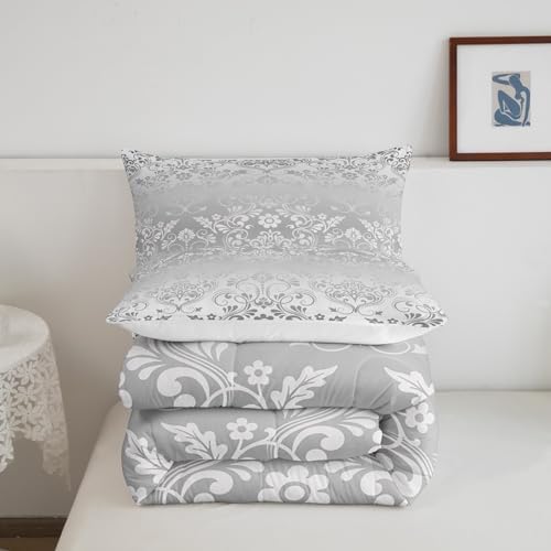 Feelyou Silver Gothic Damask Floral Comforter Set Full Size Bedding Set