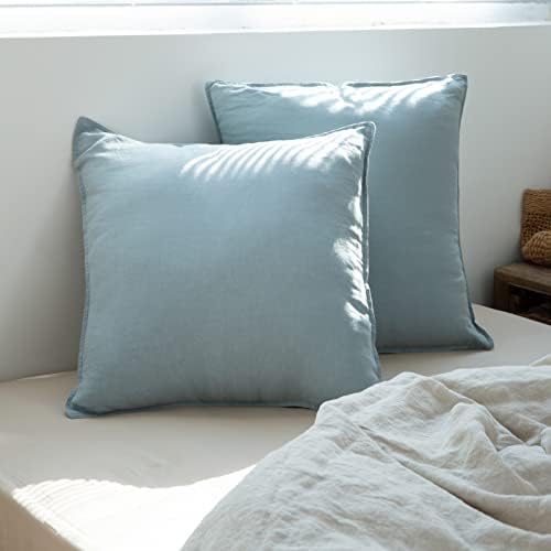 Simple&Opulence 100% Washed Linen Euro Shams 26'' x 26'' Pack of 2, Basic Style Solid Color Natural Flax Farmhouse Decorative Square Throw Pillow Covers for Bed Couch Sofa - Dusty Blue