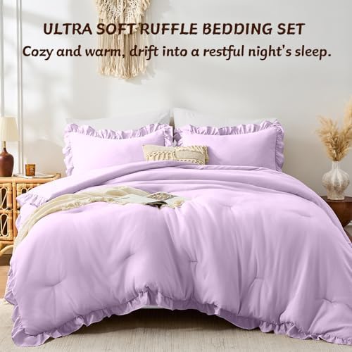 FUANNA Full Size Comforter Sets, Lavender Ruffle Bedding Set, 3 PCS Bed Set