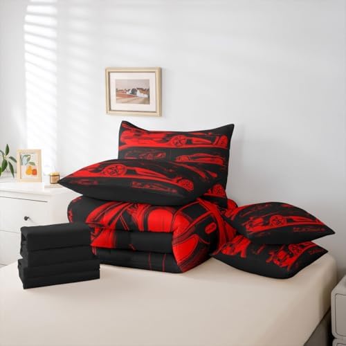 Feelyou Red Race Car Comforter Set with Sheets 7 Piece Queen Size Speed Sports Car Bed in a Bag Kids Boys Girls Extreme Sports Bedding Set Bedroom Decor Breathable Soft Lightweight Microfiber