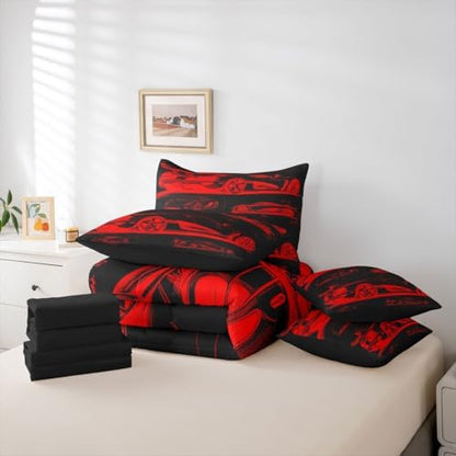 Feelyou Red Race Car Comforter Set with Sheets 7 Piece Queen Size Speed Sports Car Bed in a Bag Kids Boys Girls Extreme Sports Bedding Set Bedroom Decor Breathable Soft Lightweight Microfiber