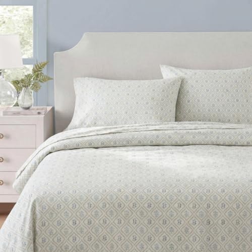 Martha Stewart - Twin Sheet Set with Fitted Sheet & Pillowcase, Cotton Percale Bedding with a Smooth Feel, Deep Pocket, Costa Blue