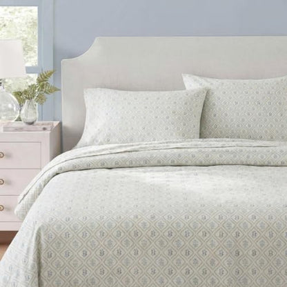 Martha Stewart - Twin Sheet Set with Fitted Sheet & Pillowcase, Cotton Percale Bedding with a Smooth Feel, Deep Pocket, Costa Blue