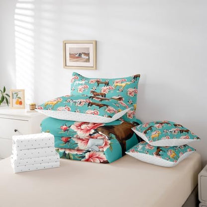 Erosebridal Kids Horse Full Comforter Set 7 Pieces, Chic Retro Floral Bed in A Bag, Galloping Horse Printed Bedding Set with Comforters, Sheets, Pillowcases Farm Animal Bedroom Decor