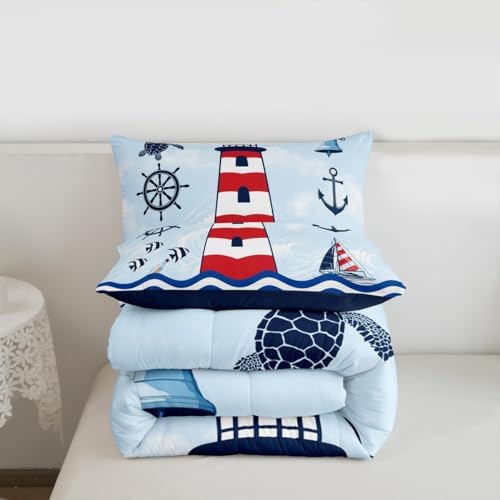 Homewish Lighthouse King Size Comforter Set,Kids Navigation Theme Decor All Season Bedding Set,Teens Anchor and Rudder Comforter,Blue Red Decor Quilt Set Bedroom Collection 3Pcs