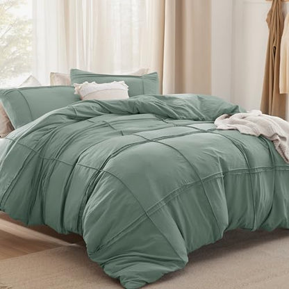 Bedsure Grid Boho Duvet Cover Queen, Textured Bedding, 3-Piece, Green