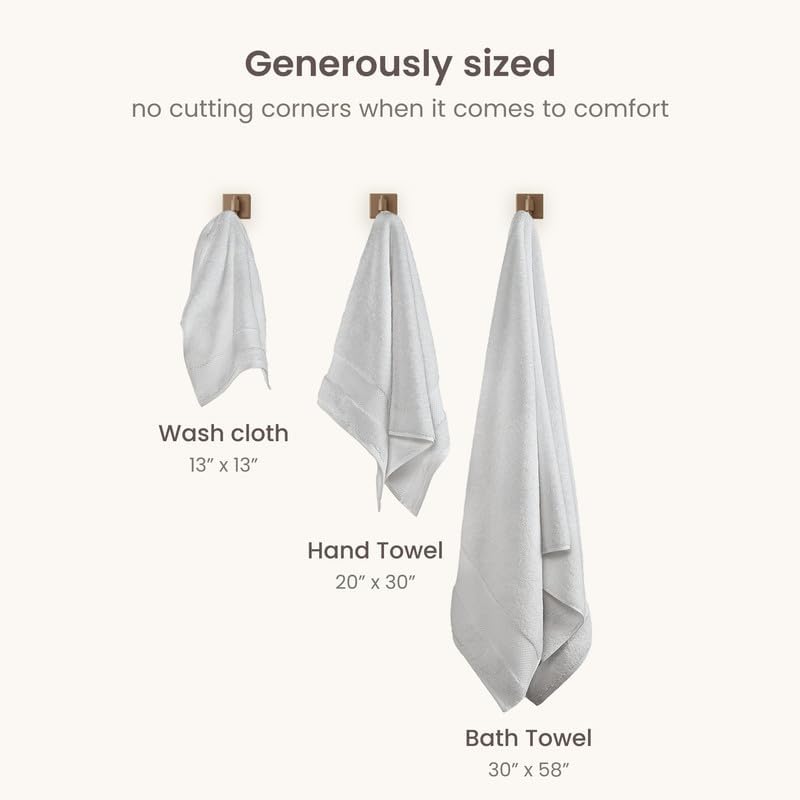 BIOWEAVES 100% Organic Cotton 6-Piece Luxury Bathroom Towels Set GOTS Certified 700 GSM, 2 Bath Towels, 2 Hand Towels & 2 Wash Cloths - Silver