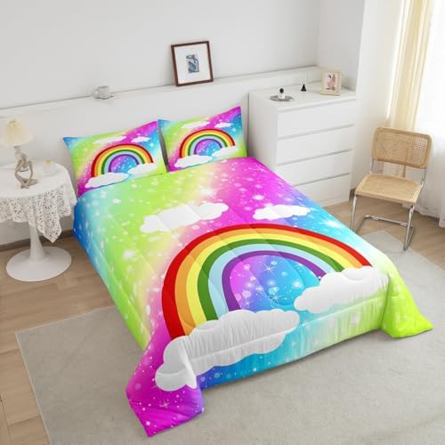 Girls Rainbow Twin Size Comforter Set,Kids Colorful Sky Decor All Season Bedding Set,Teens Tie-dye Comforter,Children Fairy Tale Decor Quilt Set Bedroom Collection 2Pcs