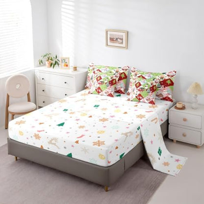 Erosebridal Xmas Patchwork 7 Piece Bedding Set King Kawaii Cartoon Comforter Set with Sheets Cute Christmas Deer Snowman Truck Bed in a Bag Pink Green Tree Snowflakes Bed Sets Comforter