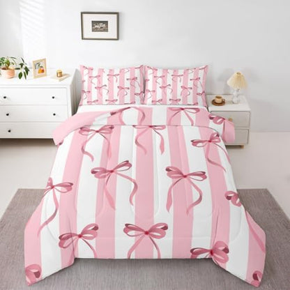 jejeloiu Girls Pink Bow Comforter Set All Season Cute Bowknot Bedding Set with 1 Pillow Cases Bow Microfiber Kids Twin Bedclothes Bedroom Decor Duvet Quilt Breathable Soft Lightweight