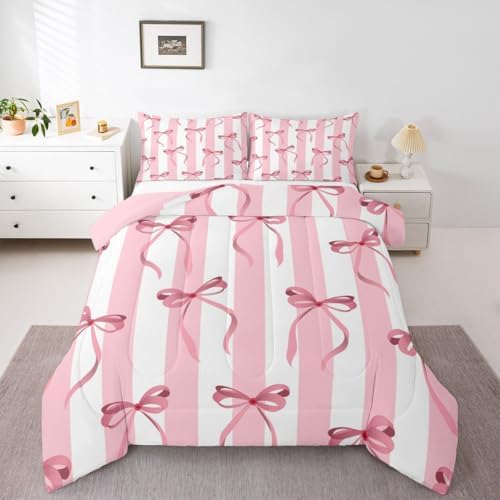 jejeloiu Girls Pink Bow Comforter Set All Season Cute Bowknot Bedding Set with 1 Pillow Cases Bow Microfiber Kids Toddler Bedclothes Bedroom Decor Duvet Quilt Breathable Soft Lightweight